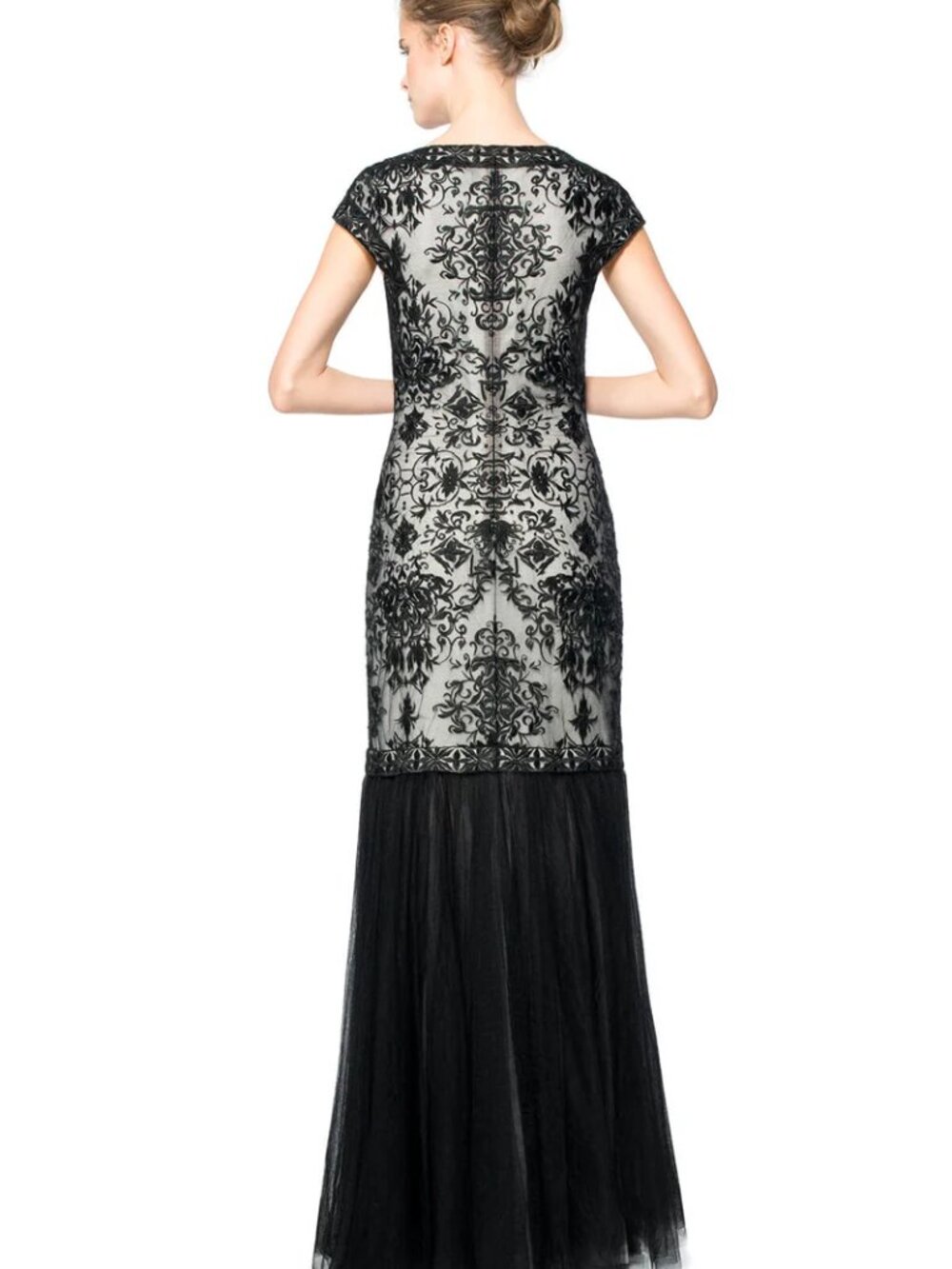 Tadashi Shoji Convertible Embroidered Tulle Cap Sleeve Gown in black/ivory sz. 2 - Picture 2 of 10